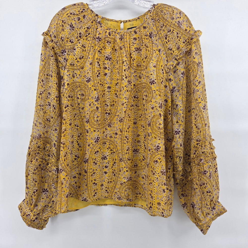 Ann Taylor Blouse Small Yellow Paisley Ruffle Sleeve Boho Eclectic Cottagecore